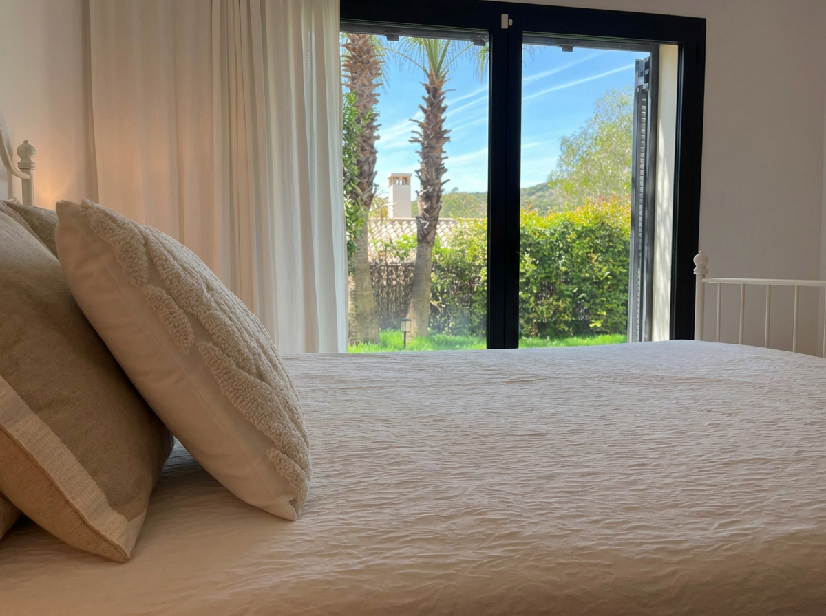 Freshly made master bed with natural linen