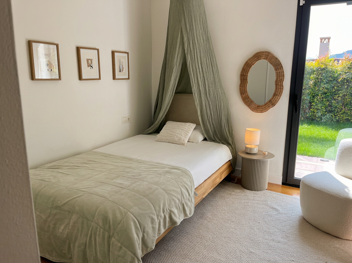 Bedroom with sage canopy and garden view