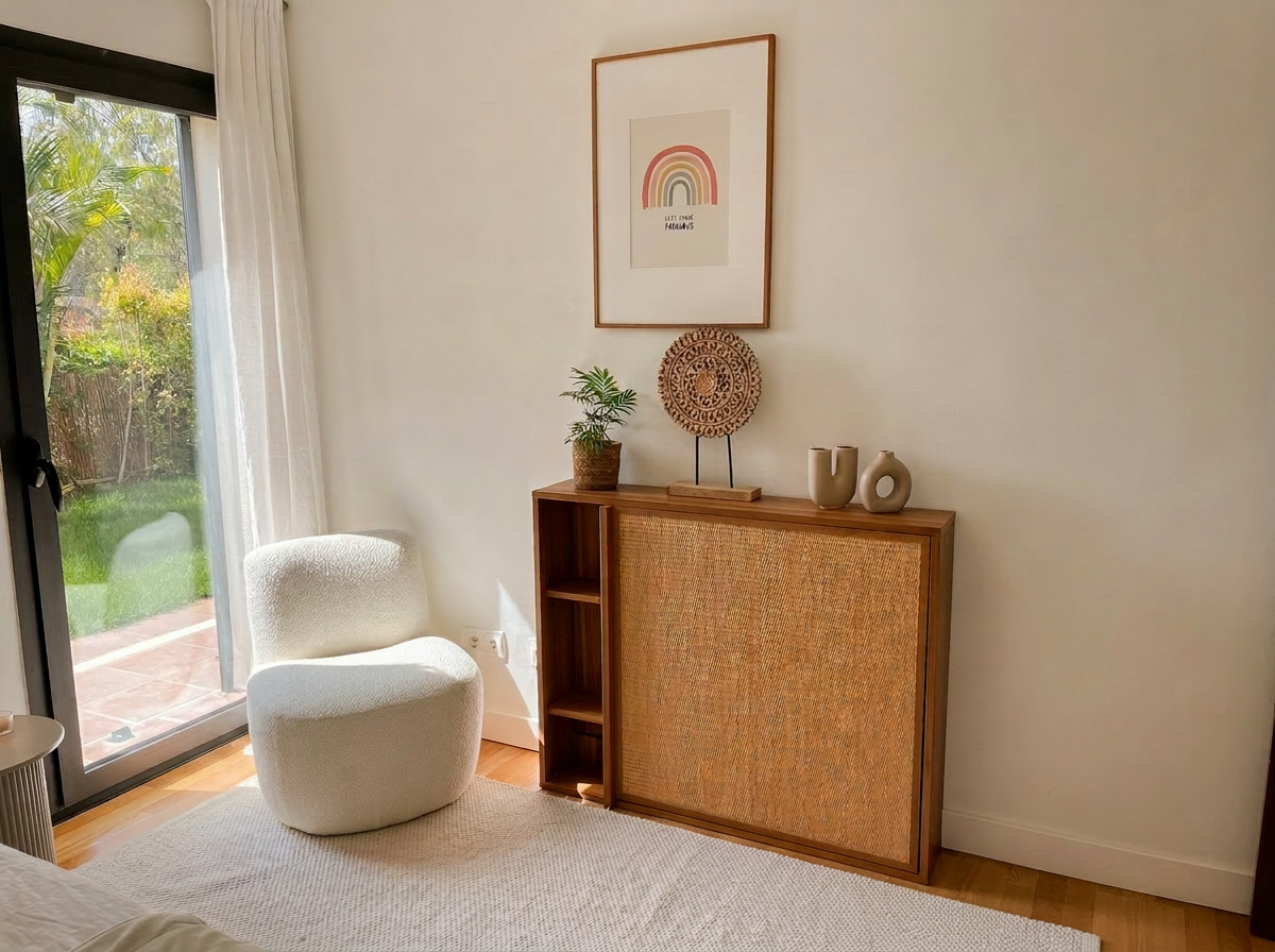 Bedroom corner with bouclé chair
