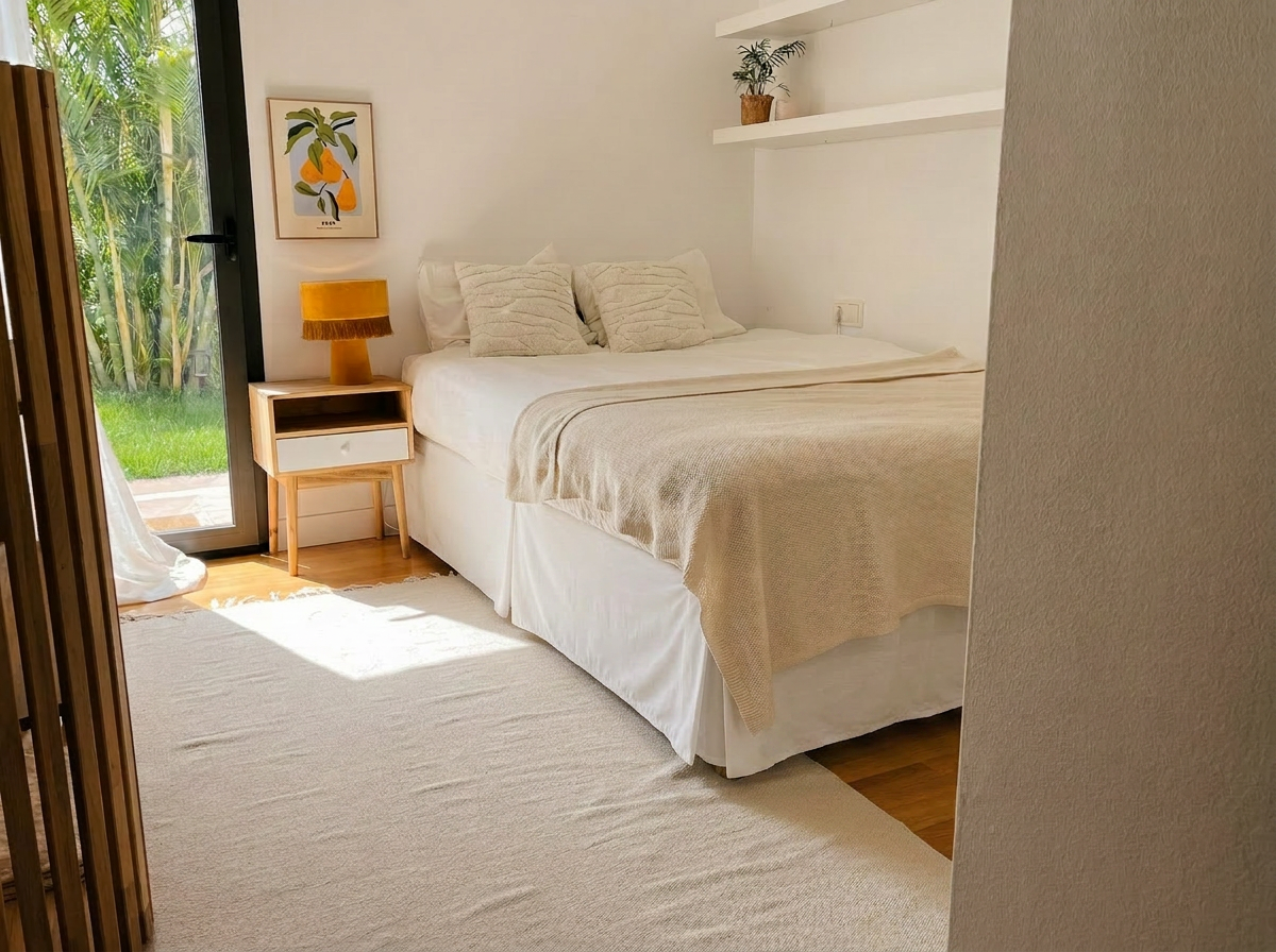 Bright bedroom with soft textiles and garden access
