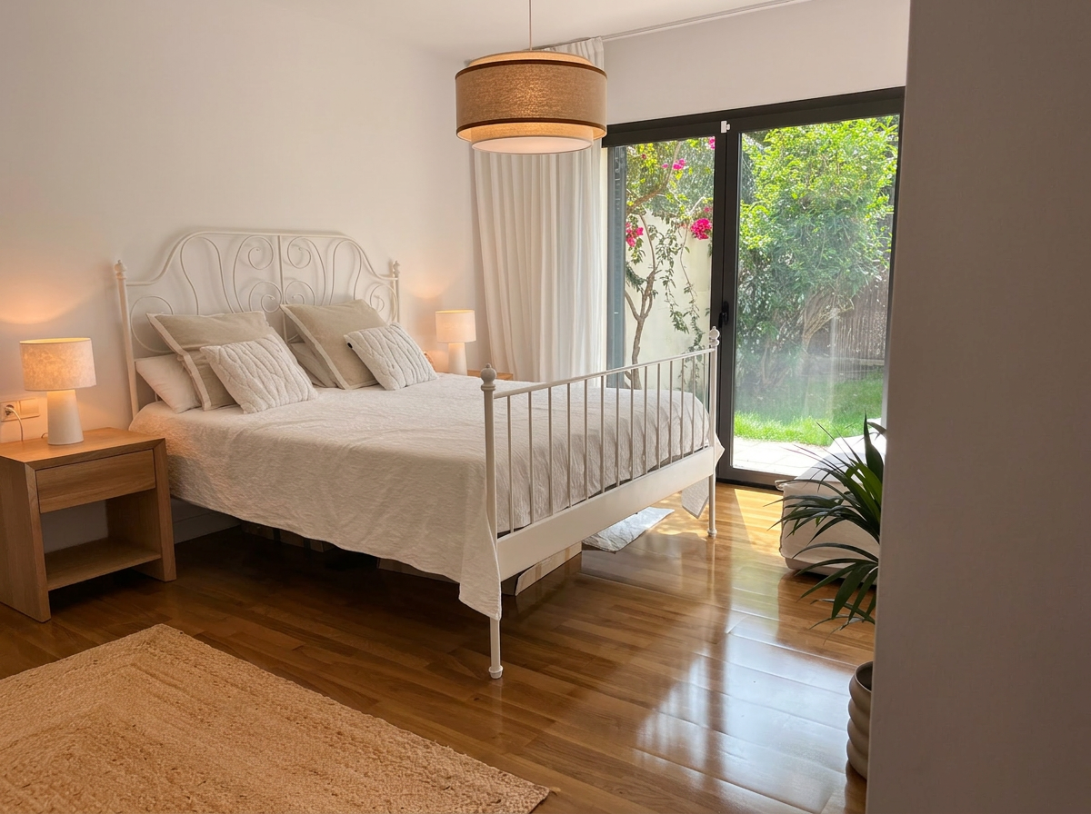 Master bedroom with white iron bedframe