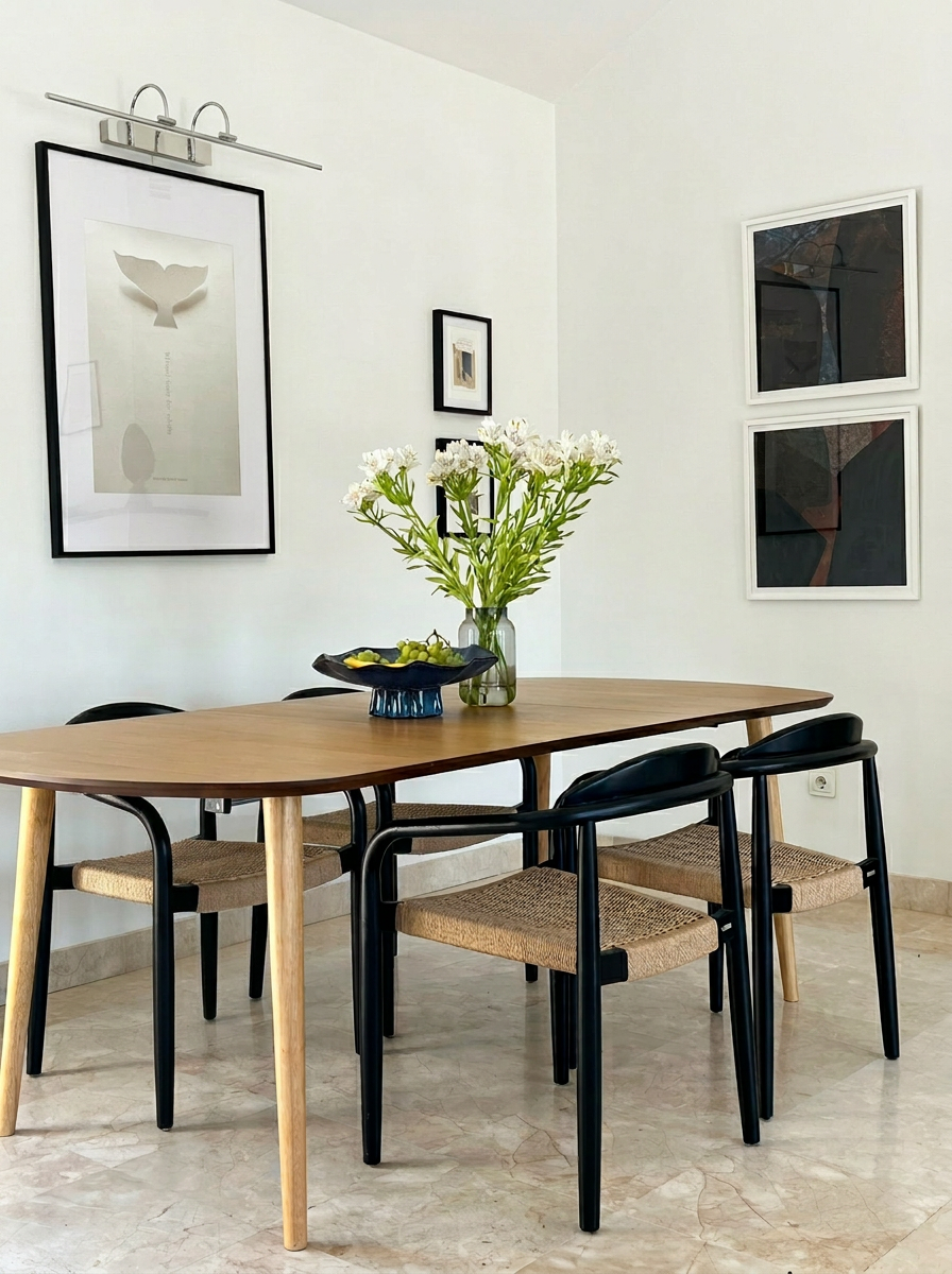Dining area with natural wood table