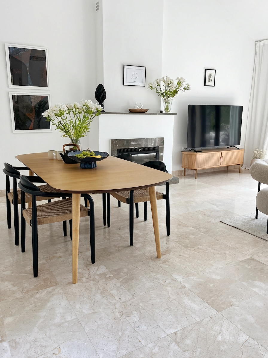 Dining table next to the fireplace