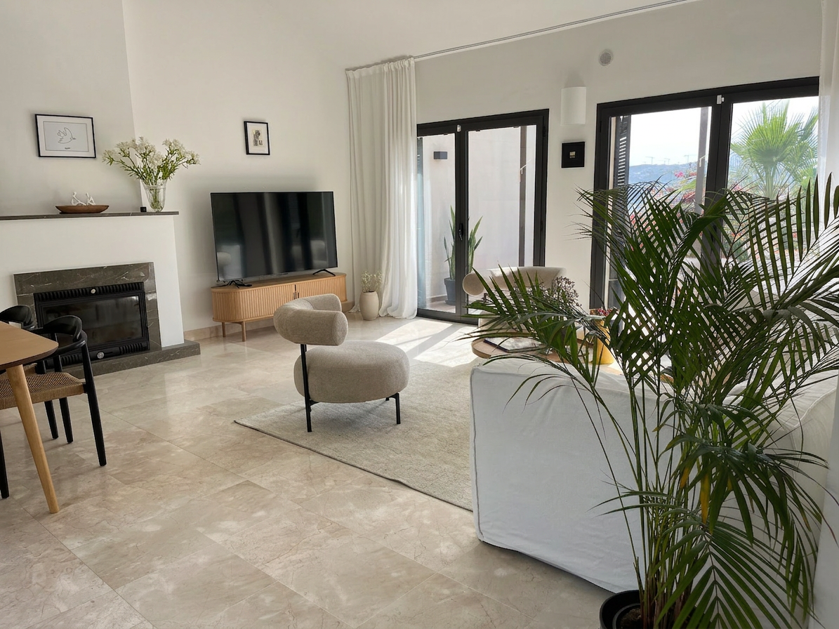 Open living room with fireplace